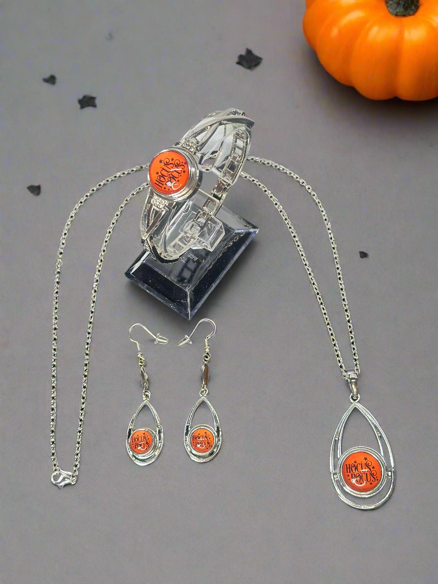 Bewitched Spell On You Halloween Silver Necklace, Bracelet & Earrings Snap Button Set