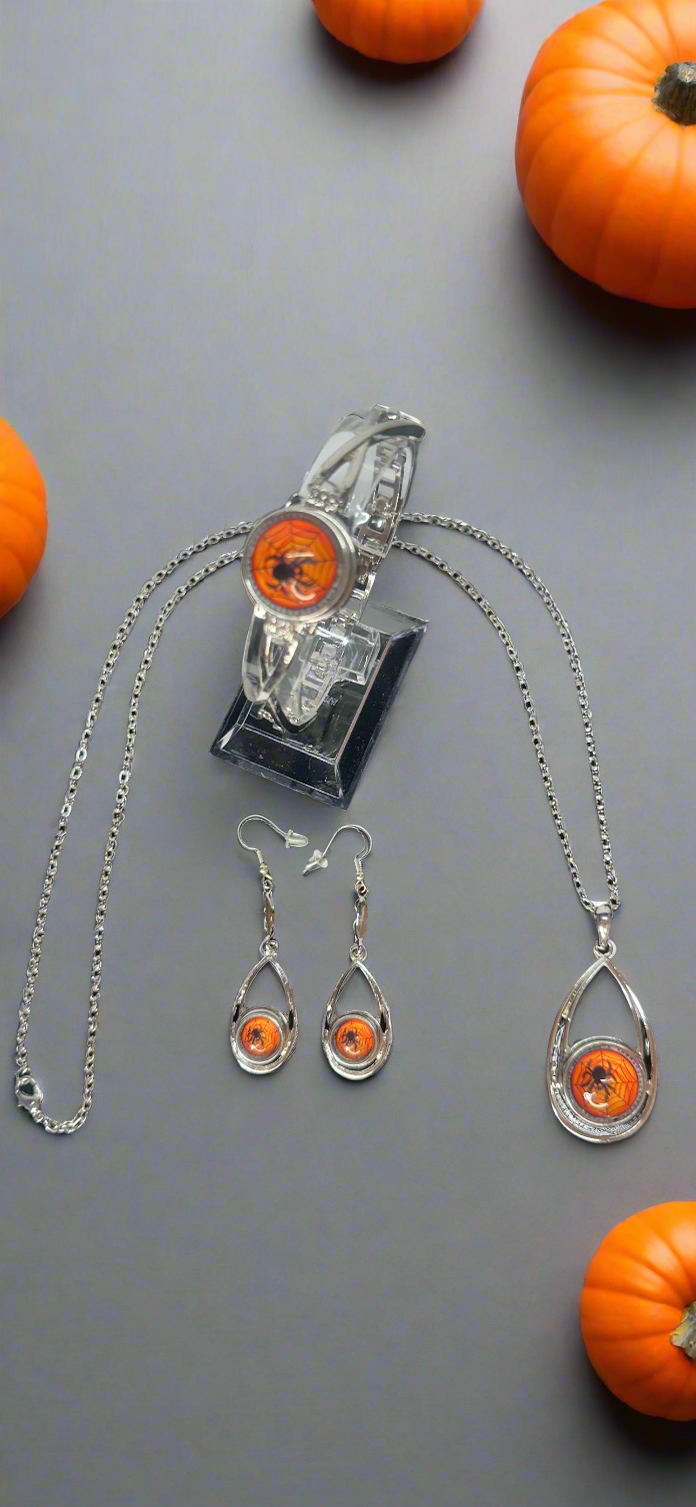 Creepy Crawler Spider Halloween Silver Necklace, Bracelet & Earrings Snap Button Set