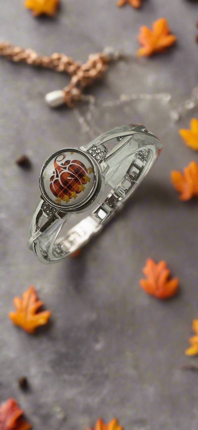 Harvest Pumpkin Fall Silver Bracelet Snap Button Jewelry Set