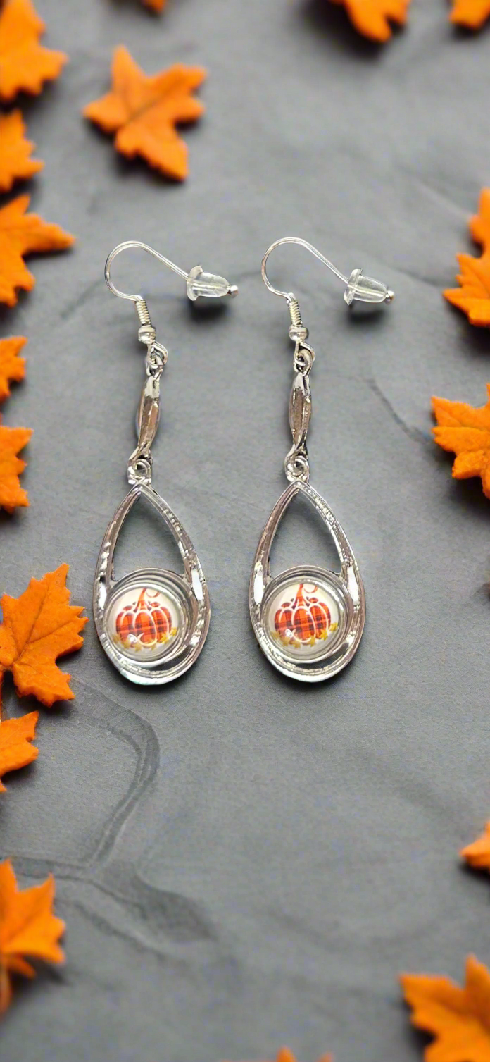 Harvest Pumpkin Fall Silver Earring Snap Button Jewelry Set