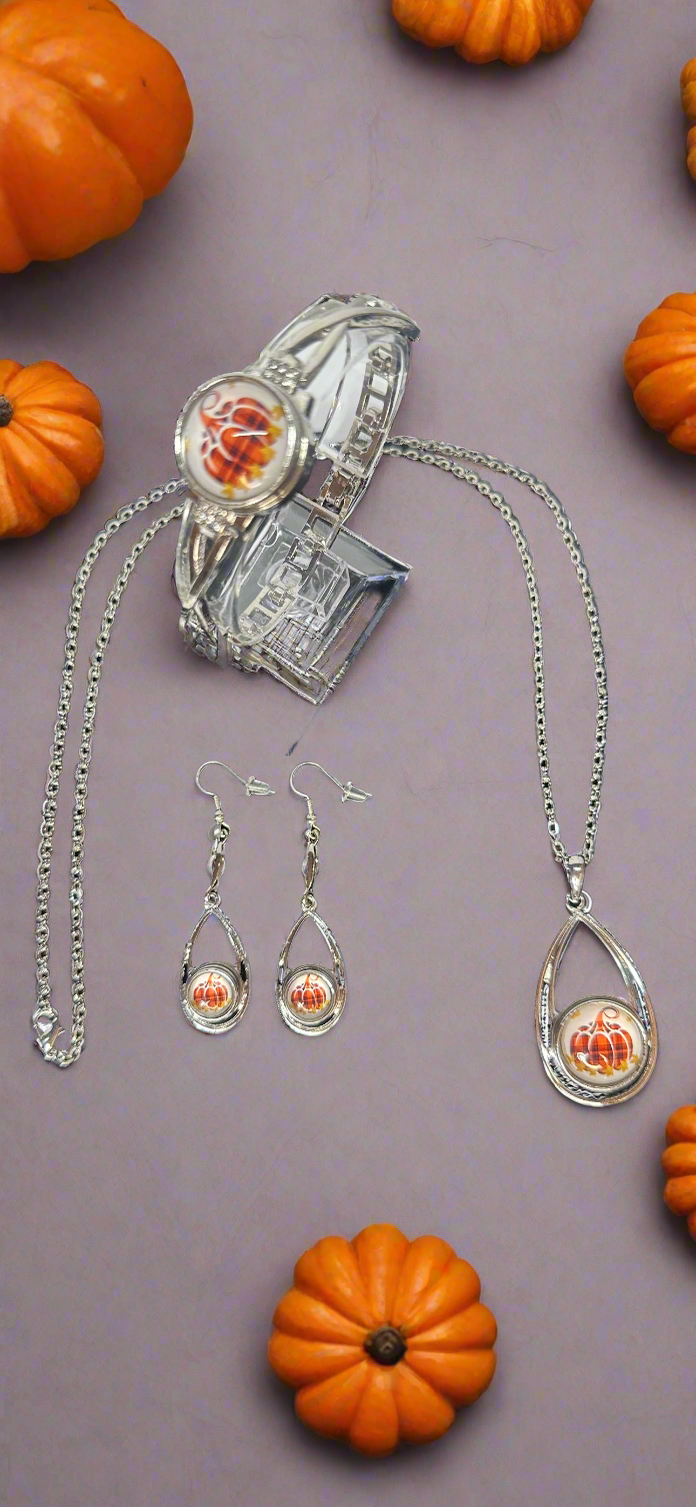 Harvest Pumpkin Fall Silver Necklace, Bracelet & Earring Snap Button Jewelry Set