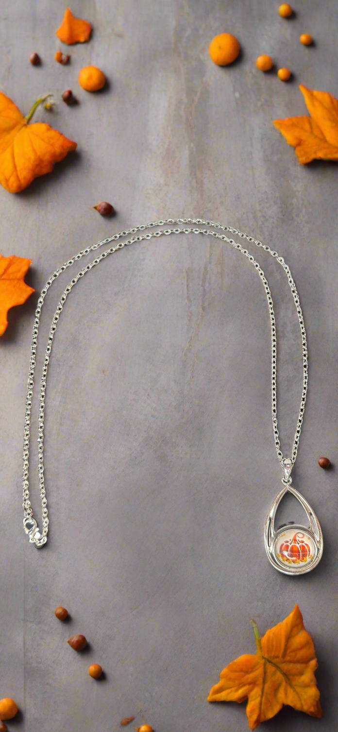 Harvest Pumpkin Fall Silver Necklace, Bracelet & Earring Snap Button Jewelry Set