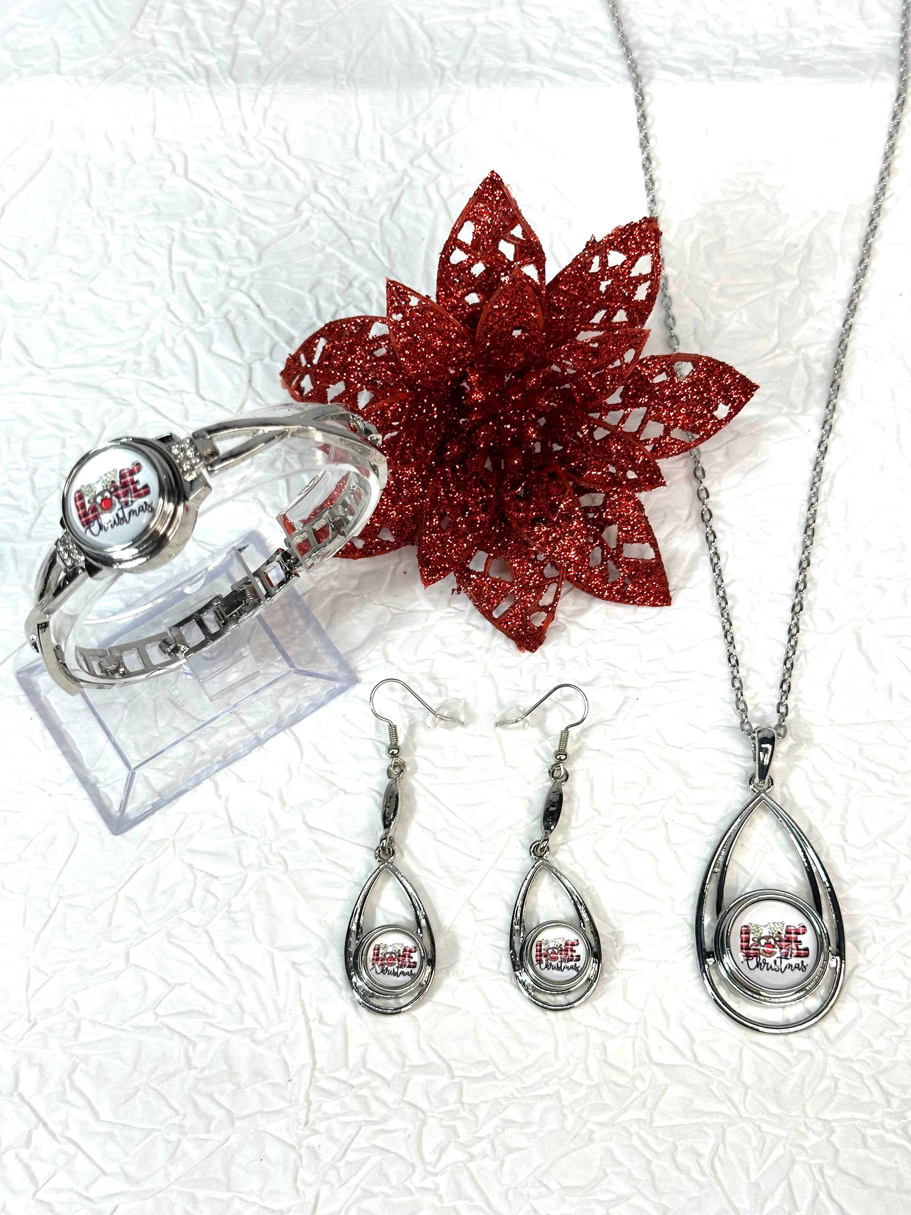 Reindeer Cheer Christmas Silver Bracelet, Earrings & Necklace Snap Button Jewelry Set
