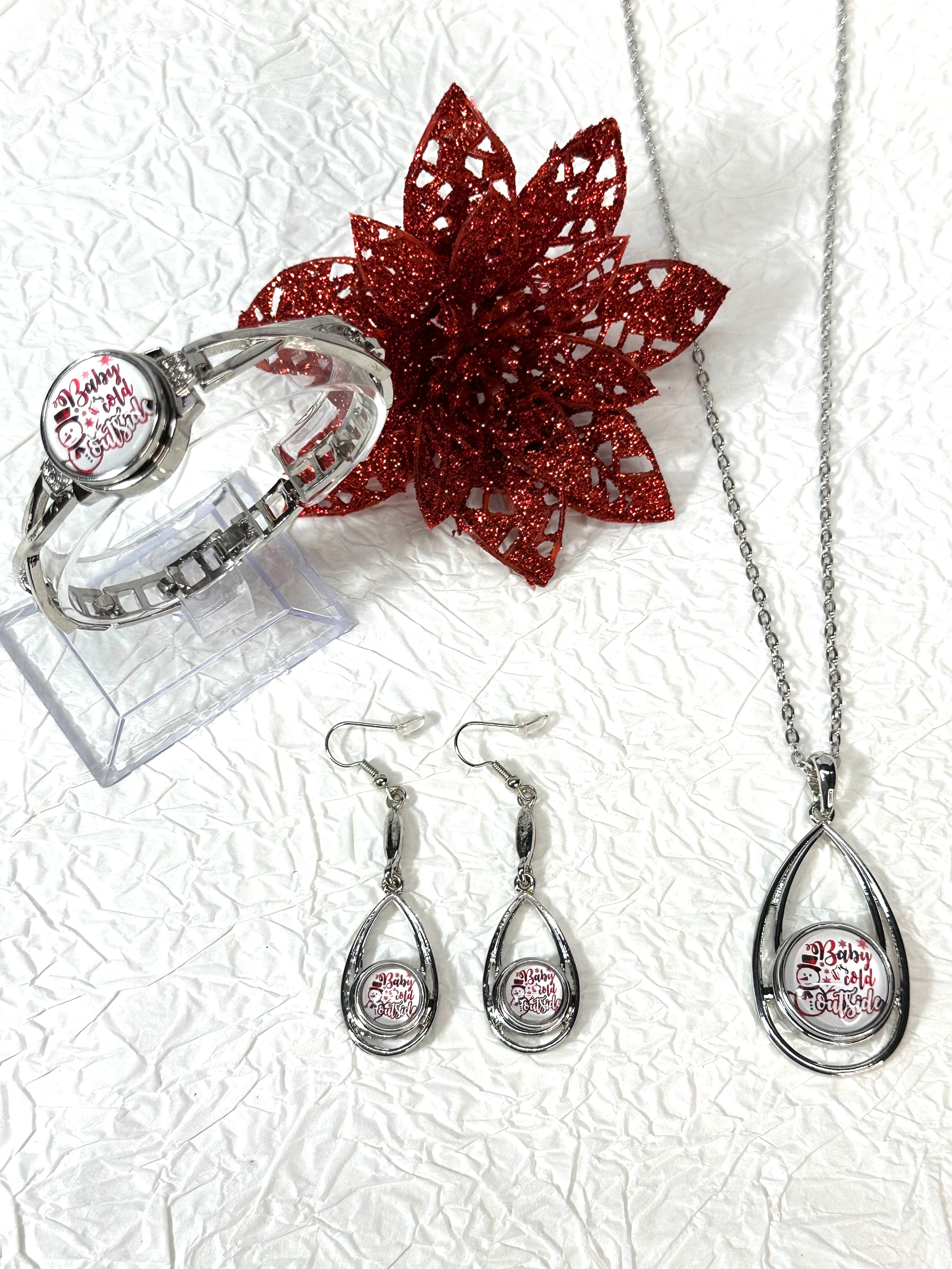 Baby, It's Cold Outside Christmas Silver Bracelet, Earrings & Necklace Snap Button Set