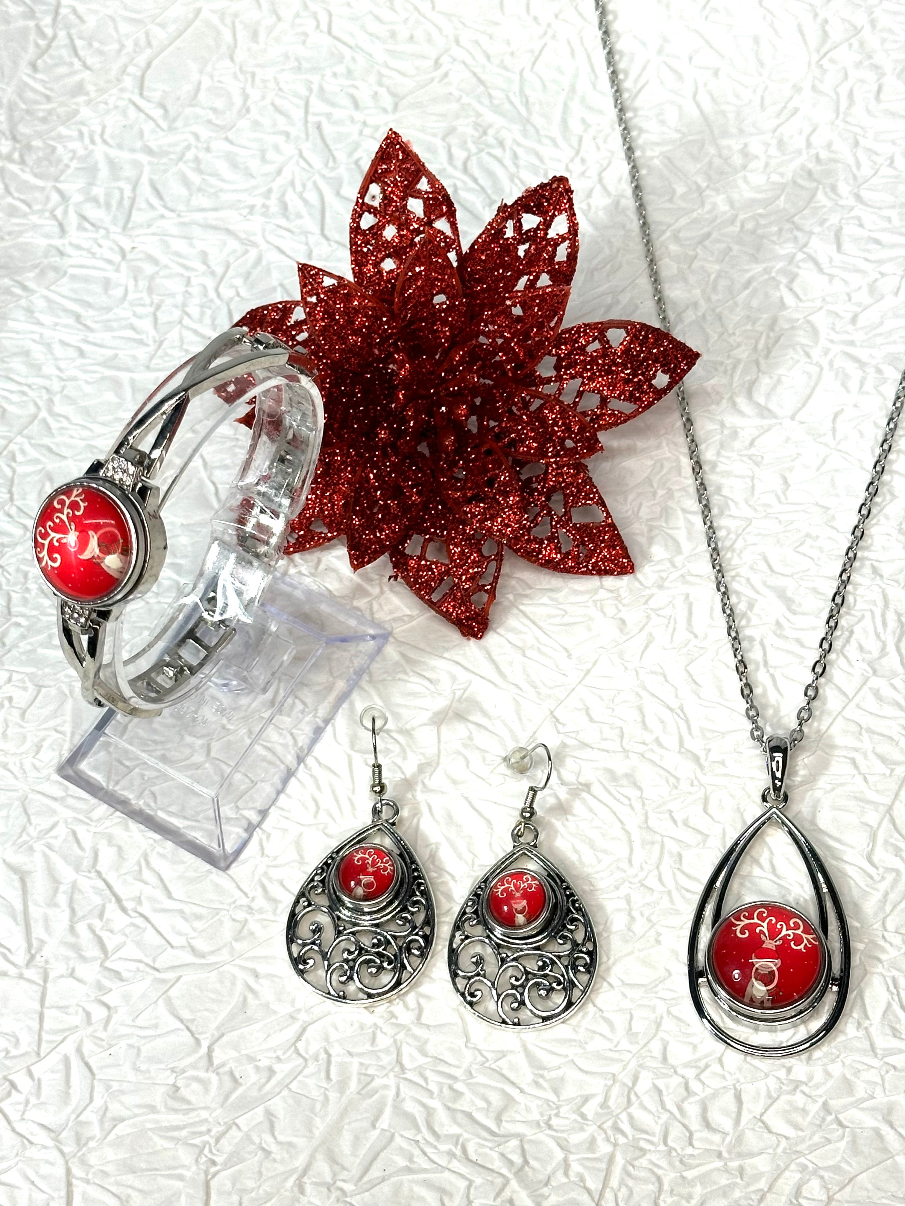 Jolly Reindeer Christmas Silver Bracelet, Earrings & Necklace Snap Button Jewelry Set