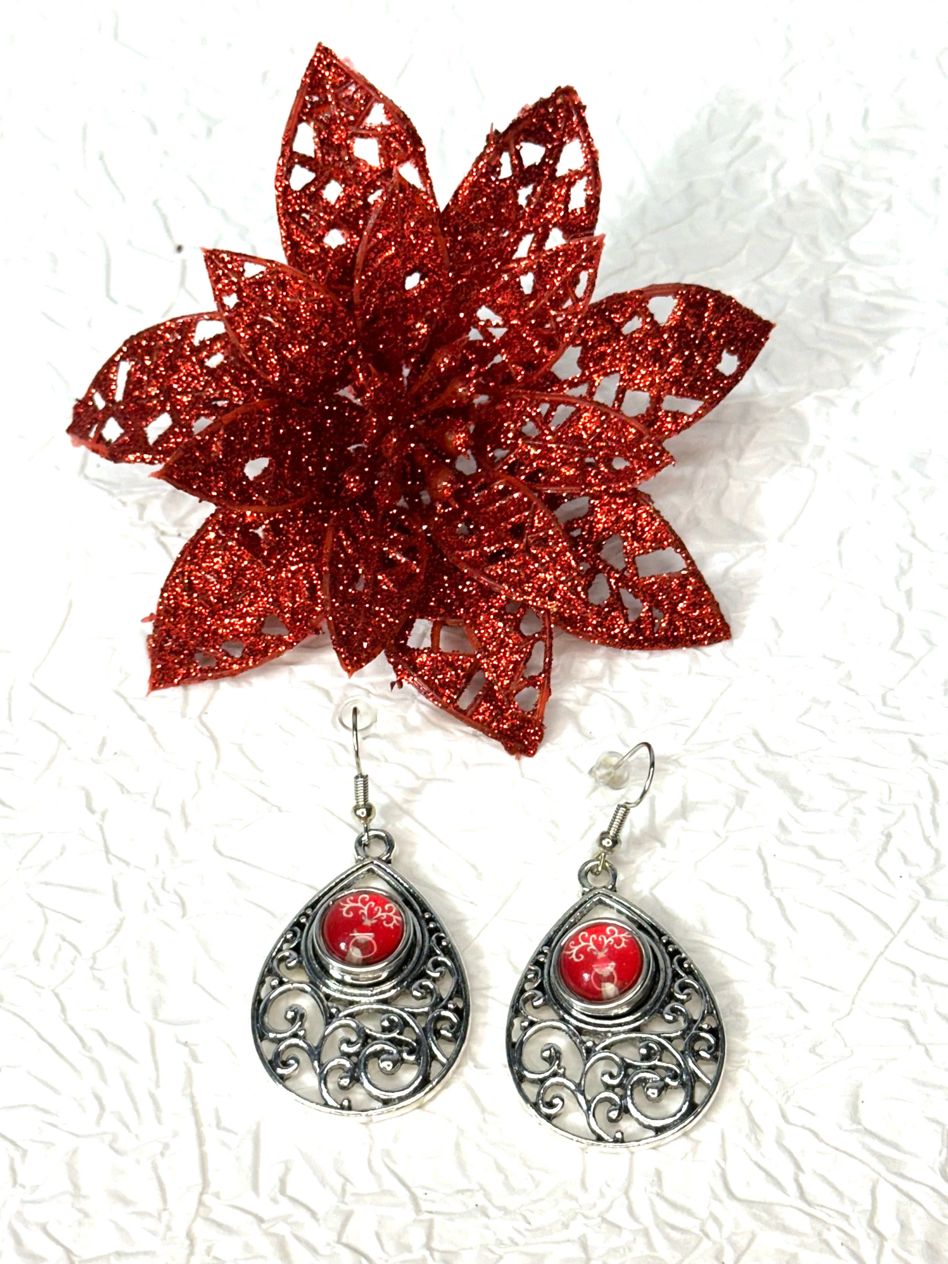 Jolly Reindeer Christmas Silver Earrings Snap Button Jewelry Set