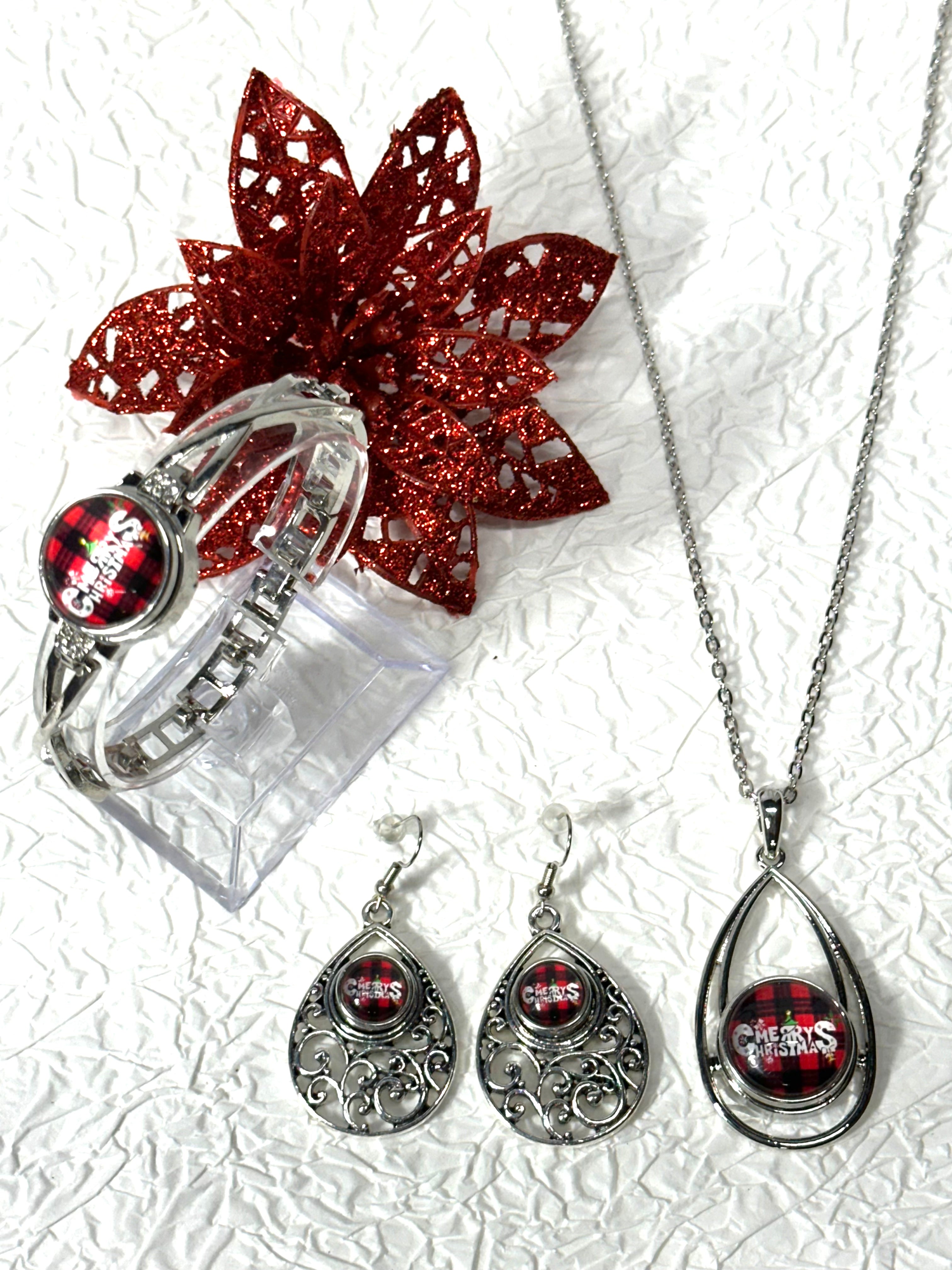 Merry Christmas Cheer Silver Bracelet, Earrings & Necklace Snap Button Jewelry Set