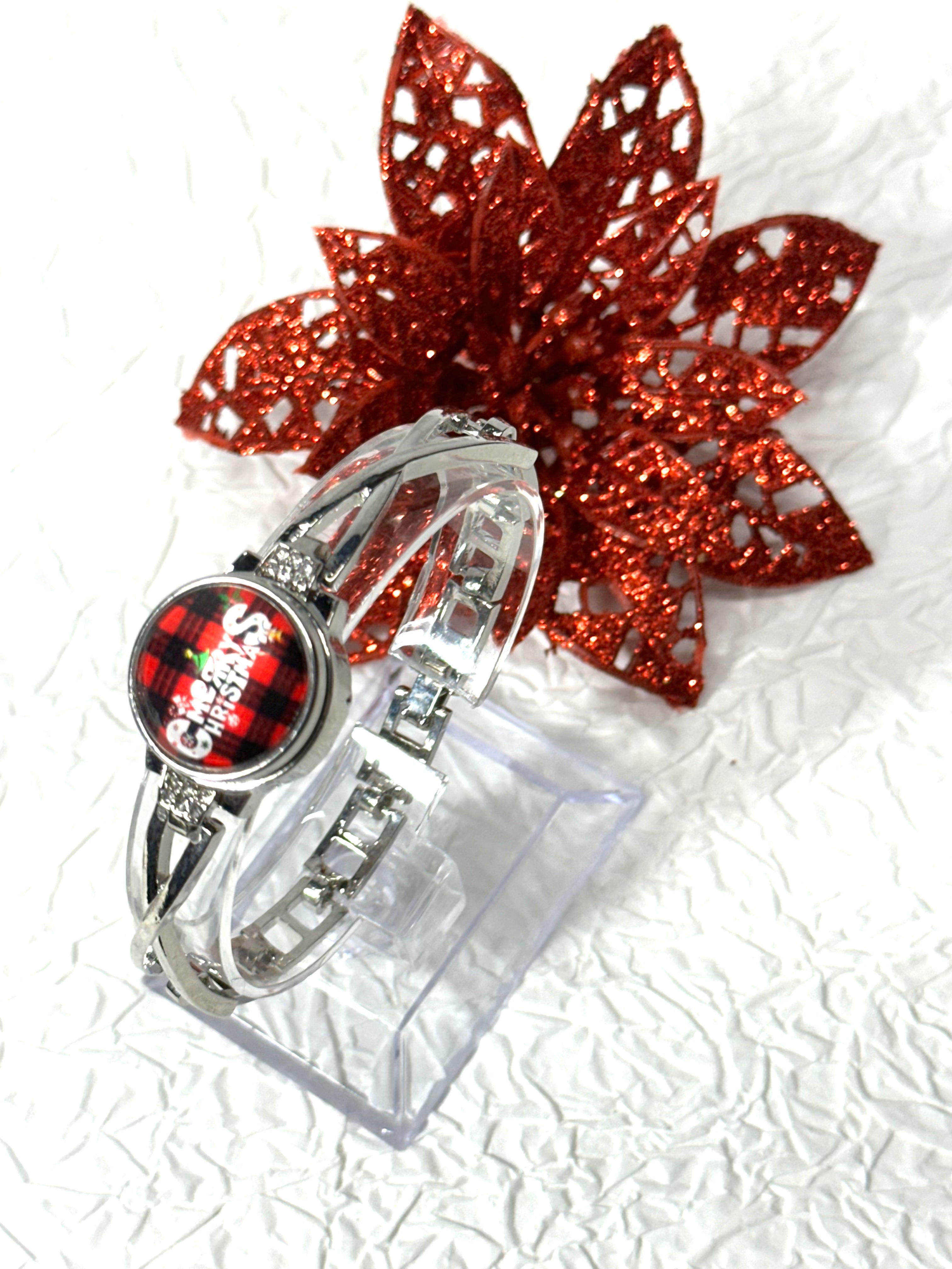 Merry Christmas Cheer Silver Bracelet Snap Button Jewelry Set