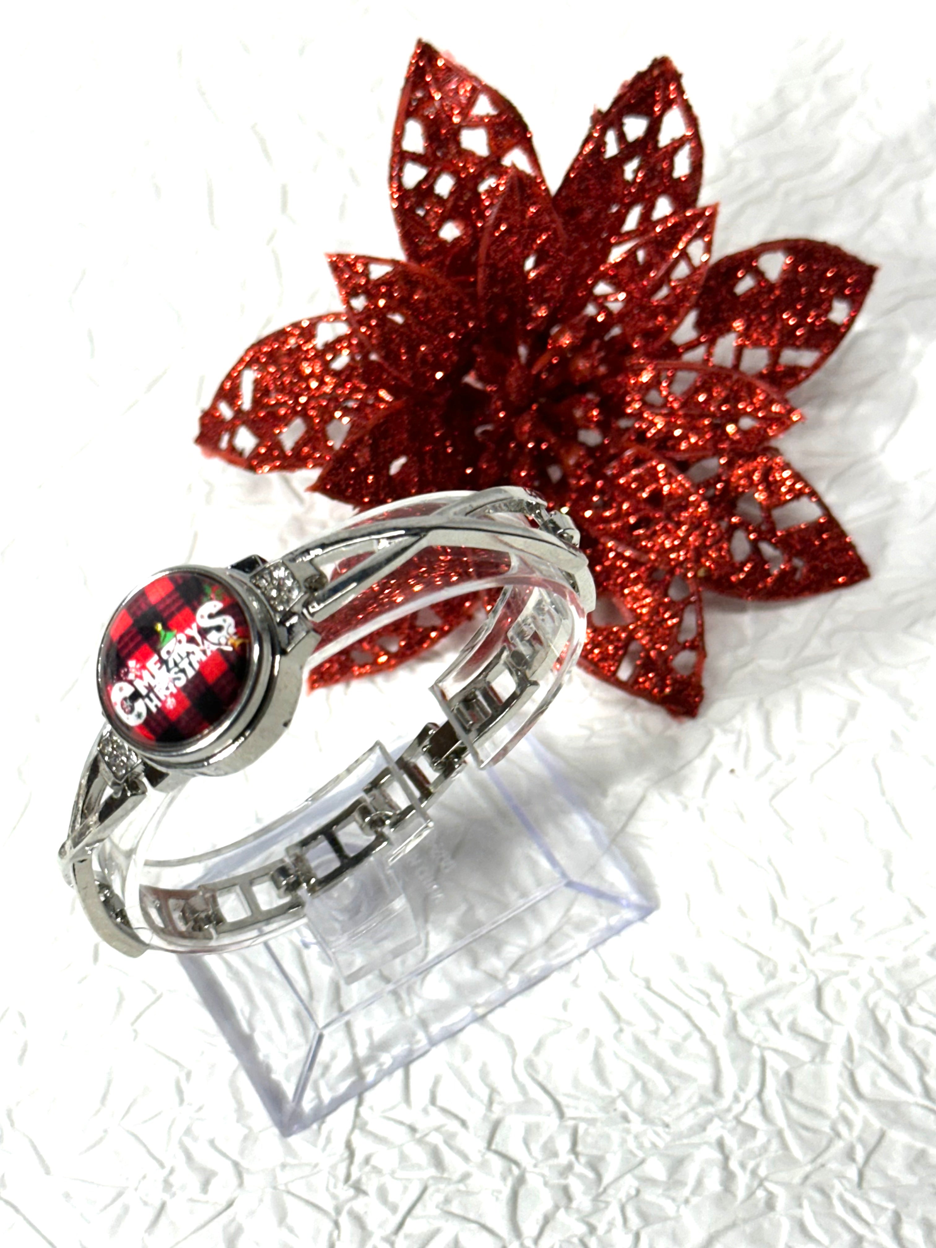 Merry Christmas Cheer Silver Bracelet, Earrings & Necklace Snap Button Jewelry Set
