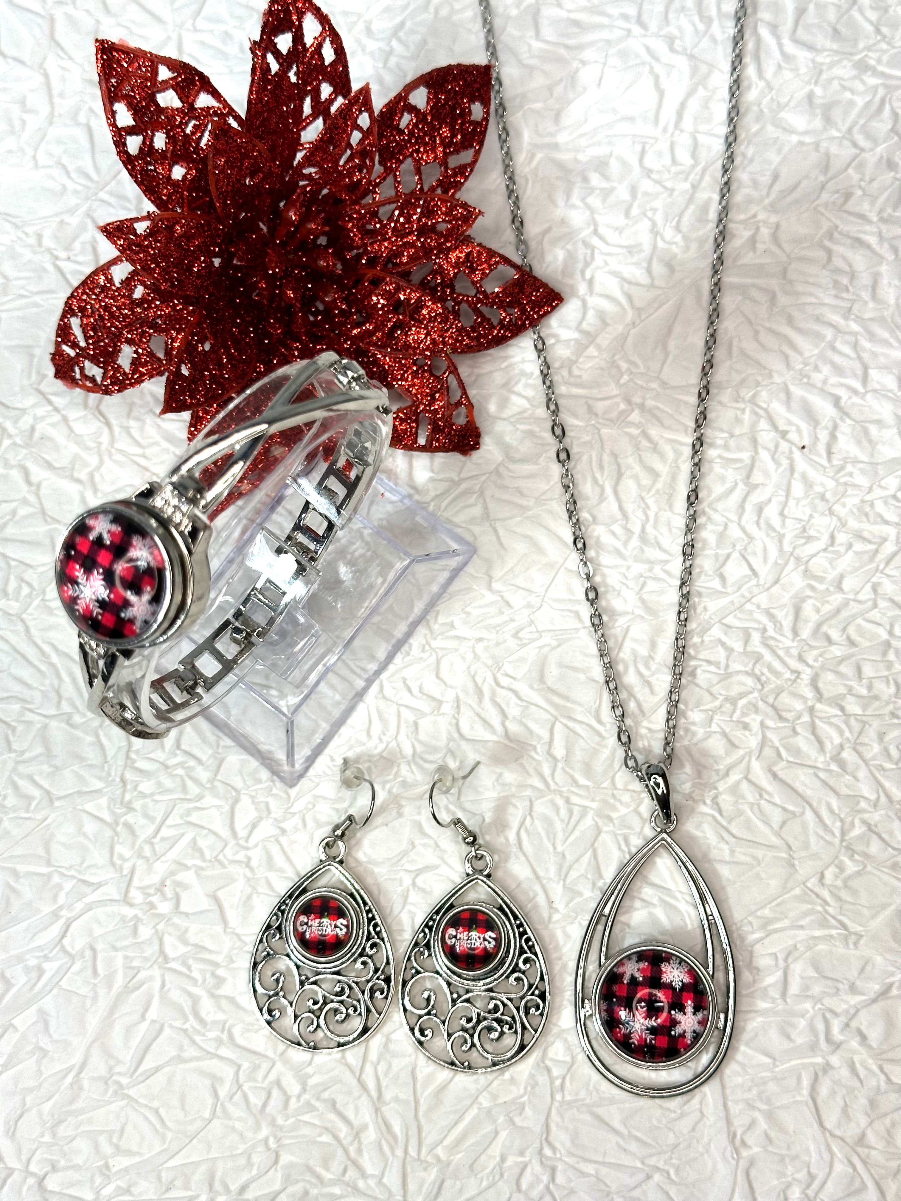 Let it Snow Christmas Silver Bracelet, Earrings & Necklace Snap Button Jewelry Set
