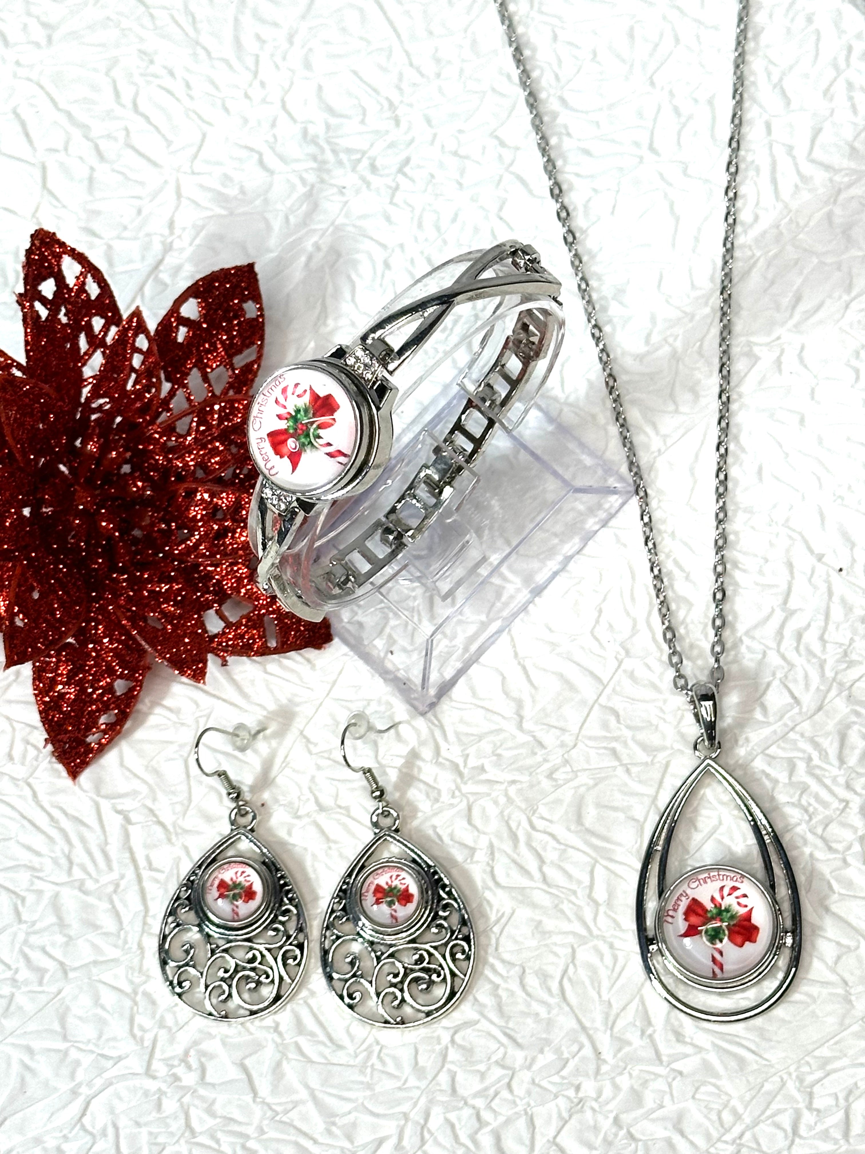 Candy Cane Lane Christmas Silver Bracelet, Earrings & Necklace Snap Button Jewelry Set