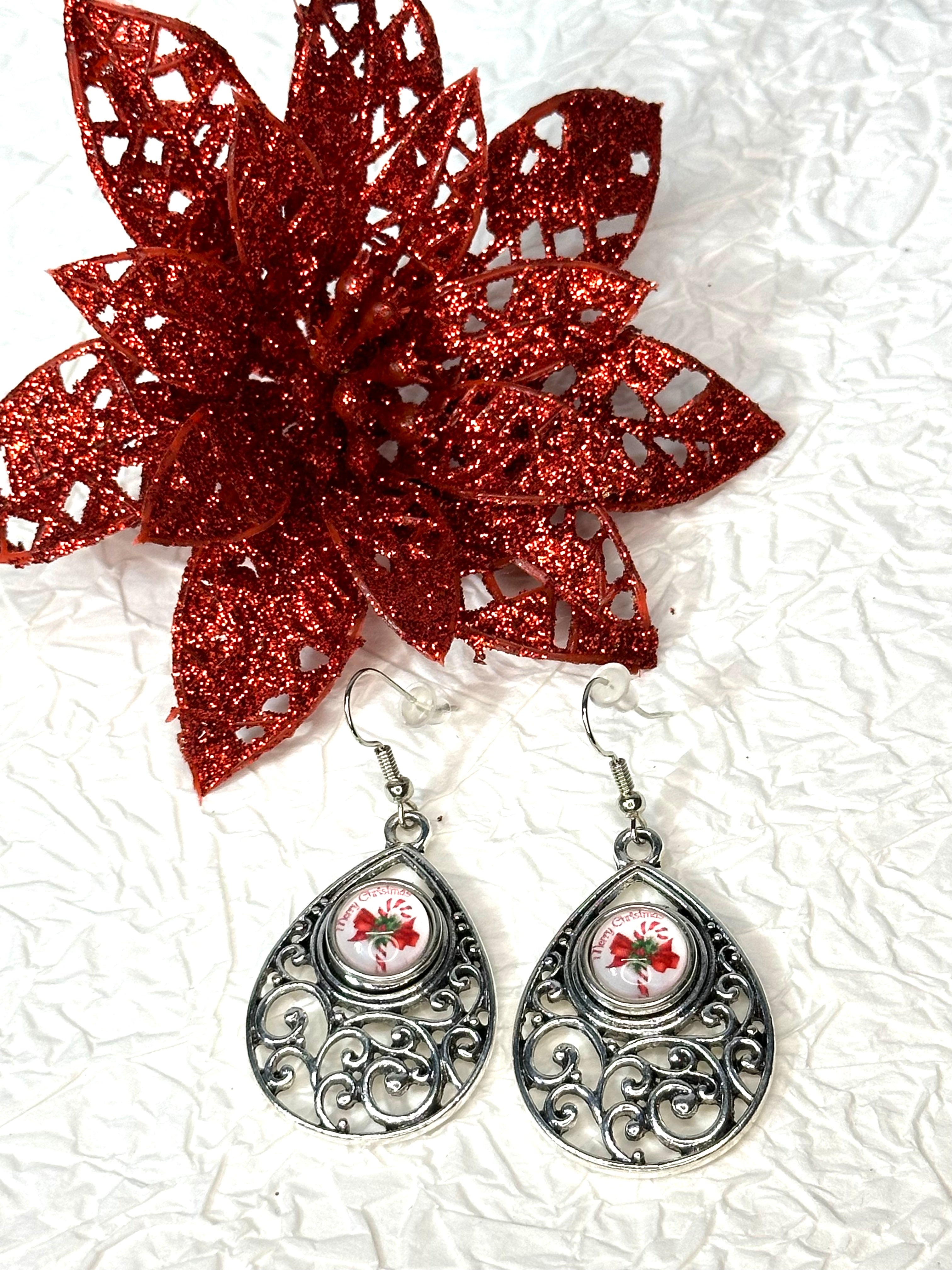 Candy Cane Lane Silver Earrings 12mm Snap Button Jewelry Set