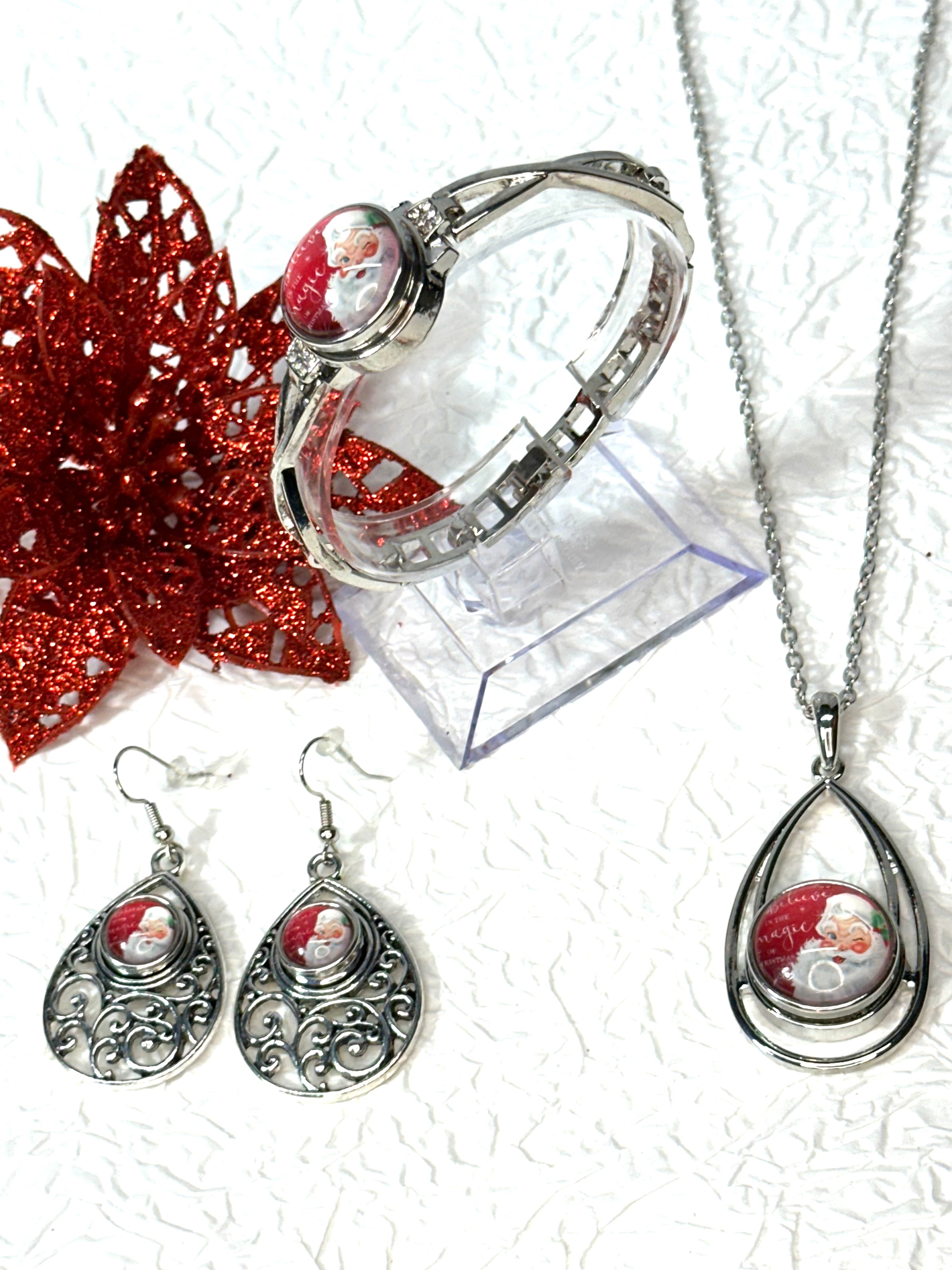 Santa's Charm Christmas Silver Bracelet, Earrings & Necklace Snap Button Jewelry Set