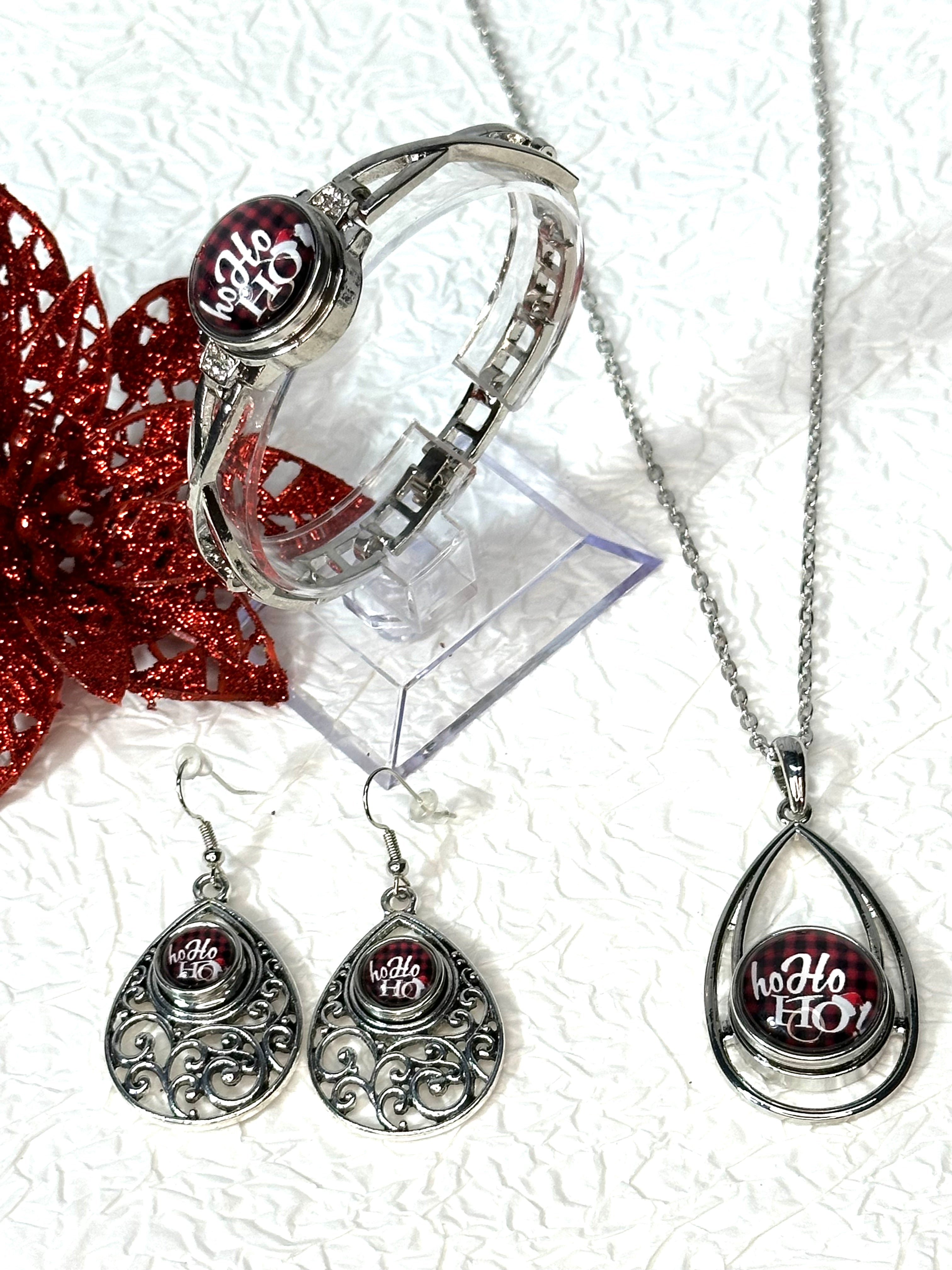 Ho Ho Ho Santa's Snap Christmas Silver Bracelet, Earrings & Necklace Snap Button Jewelry Set