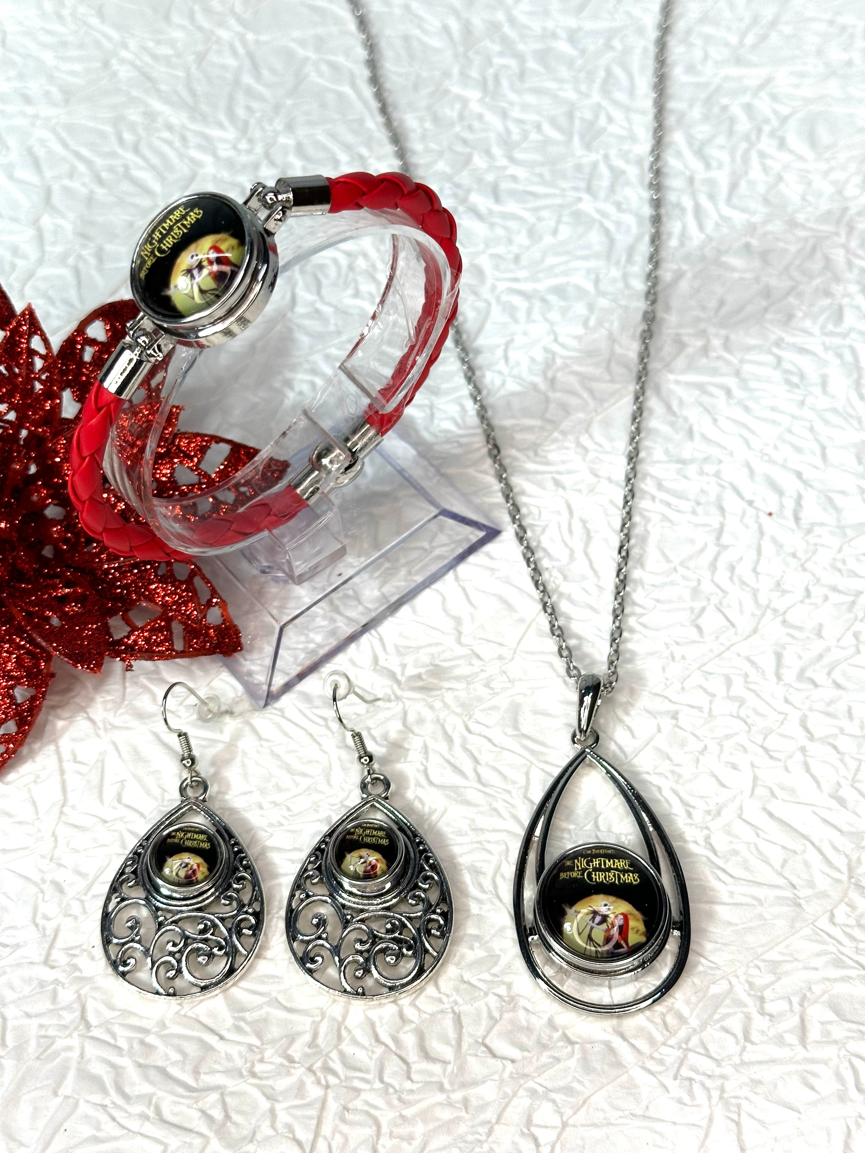 Christmas Nightmare Red Rope Bracelet, Earrings & Necklace Snap Button Jewelry Set