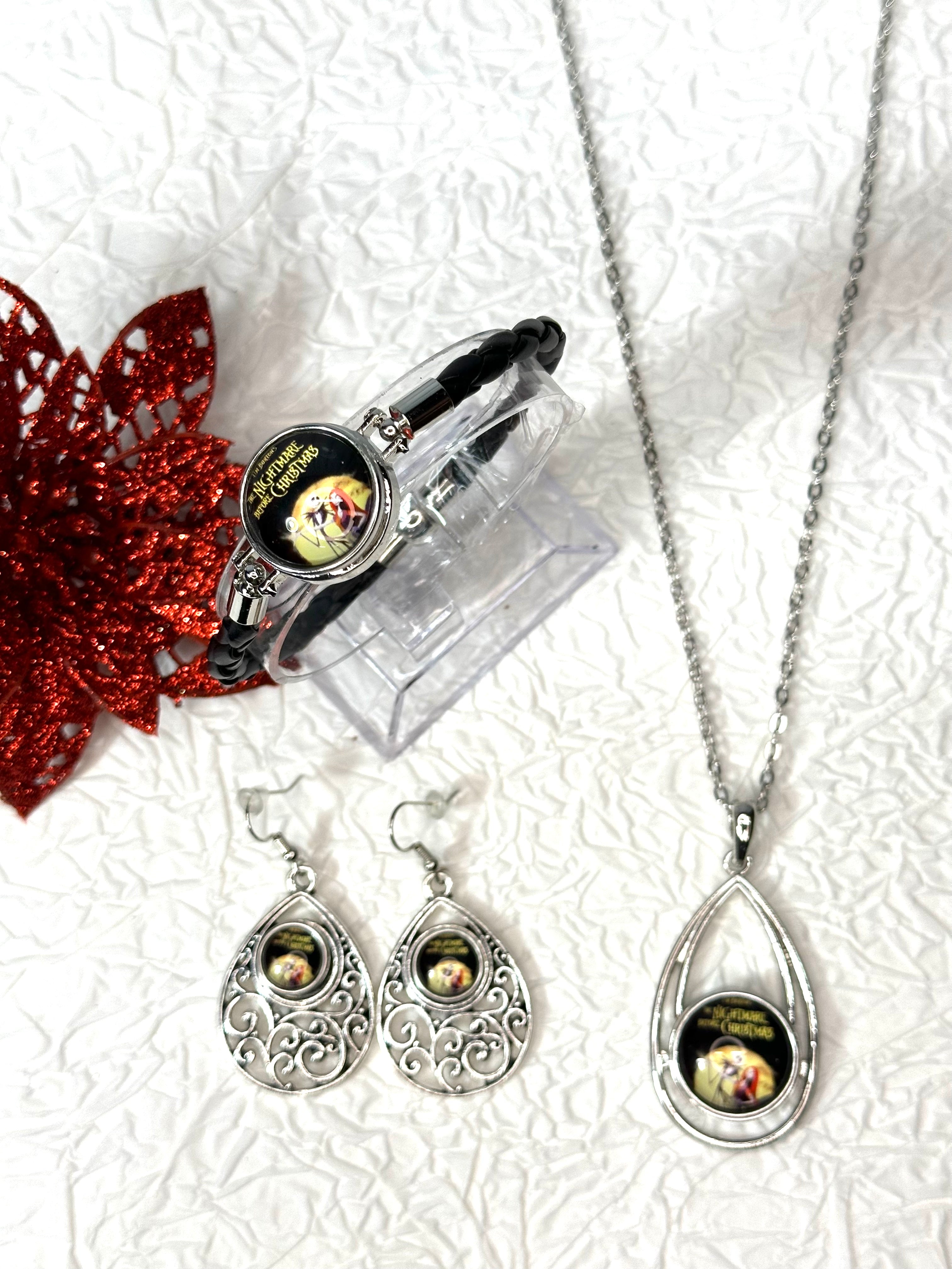 Christmas Nightmare Black Rope Bracelet, Earrings & Necklace Snap Button Jewelry Set