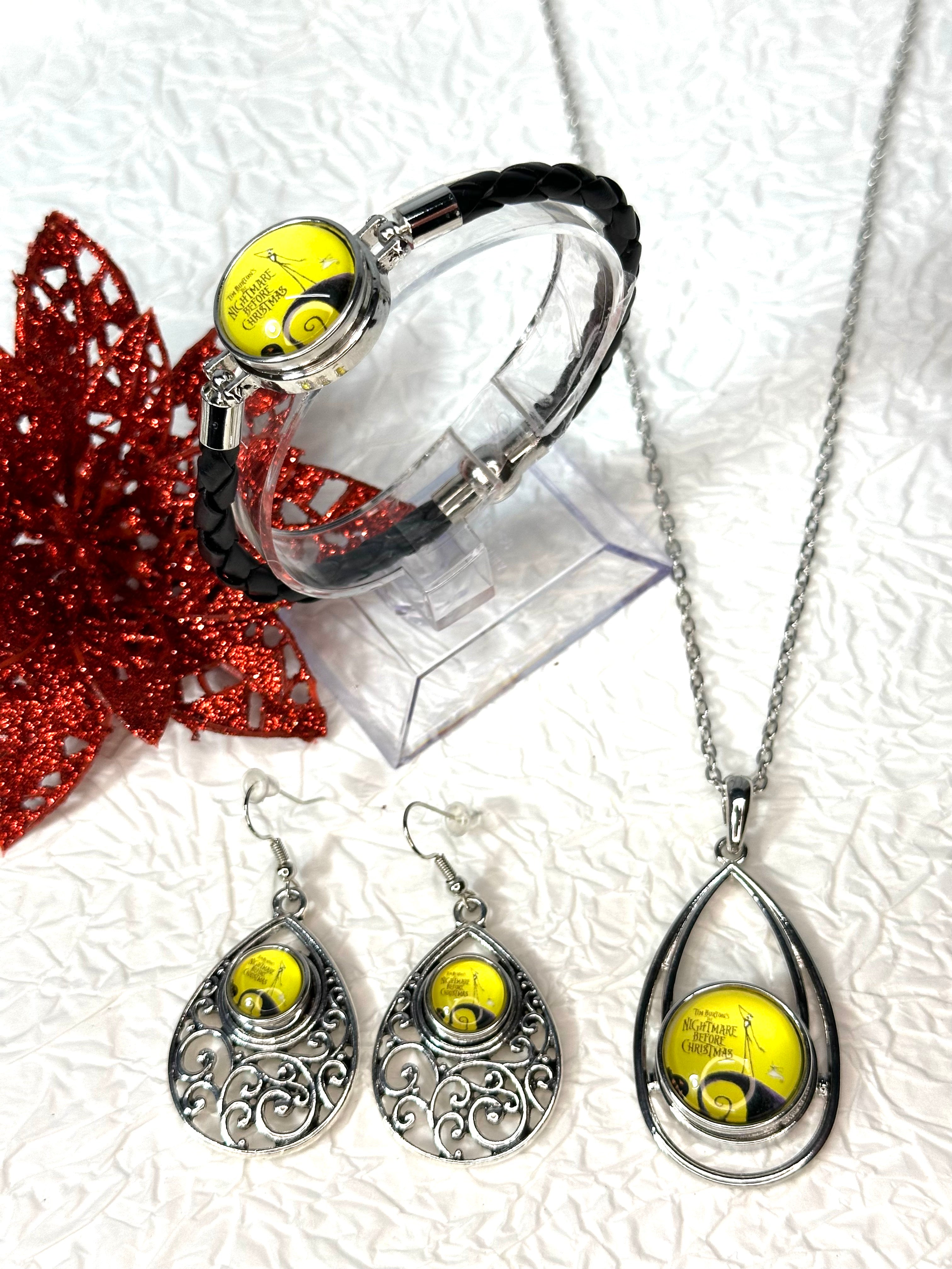 Christmas Nightmare Black Rope Bracelet, Earrings & Necklace Snap Button Jewelry Set #2