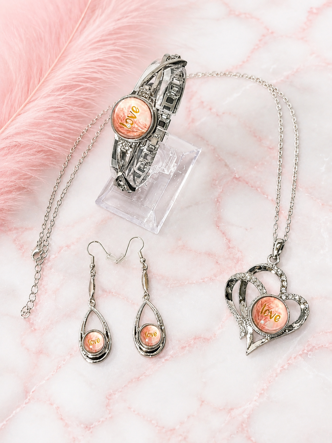 Pink Self Love Snap Button Jewelry Set | Interchangeable Glass Charm Necklace Bracelet Earrings | Costume Jewelry